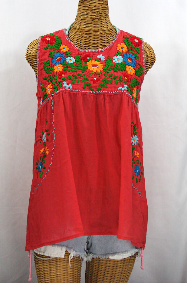 "La Pasea" Embroidered Mexican Style Peasant Top -Coral + Fiesta