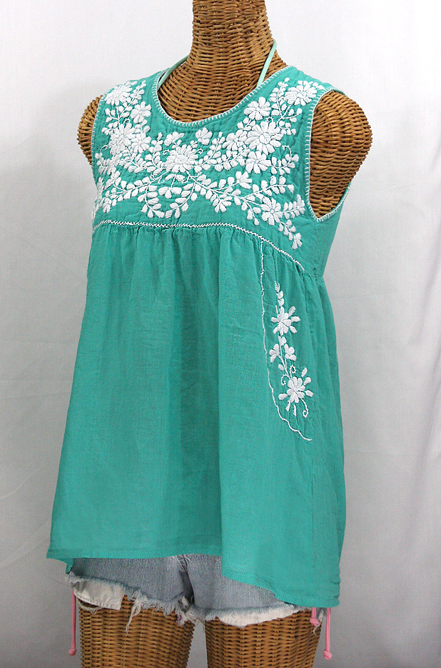 "La Pasea" Embroidered Mexican Style Peasant Top -Mint Green + White