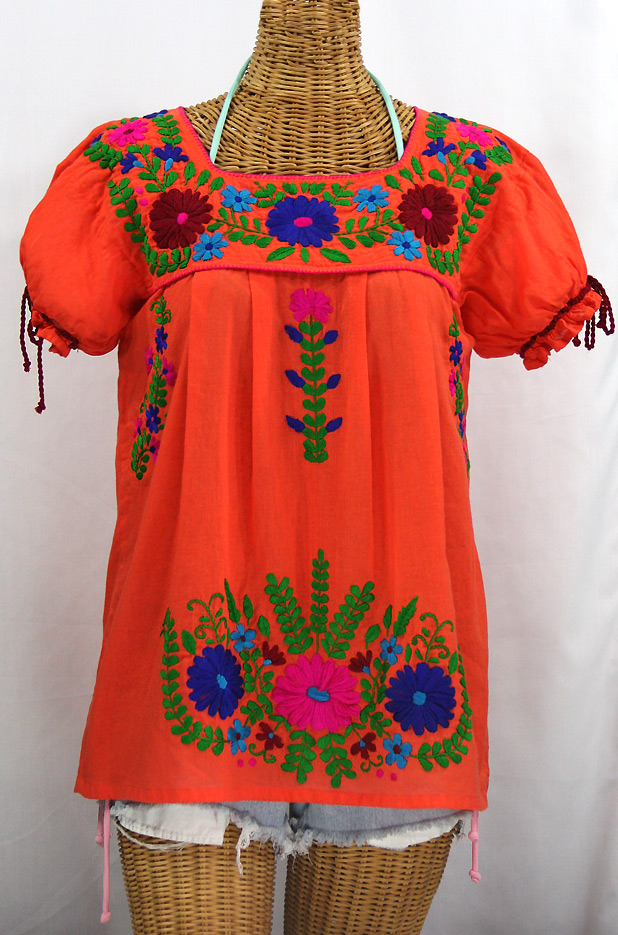 "La Poblana" Puff-Tie Short Sleeve Embroidered Mexican Style Peasant Top - Orange