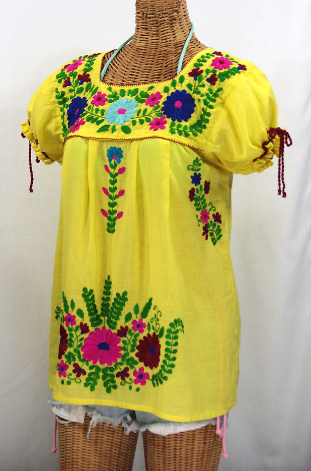 "La Poblana" Puff-Tie Short Sleeve Embroidered Mexican Style Peasant Top - Yellow
