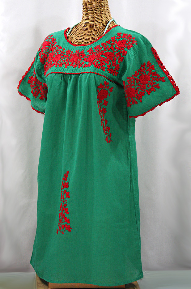"La Primavera" Embroidered Mexican Dress - Green + Red