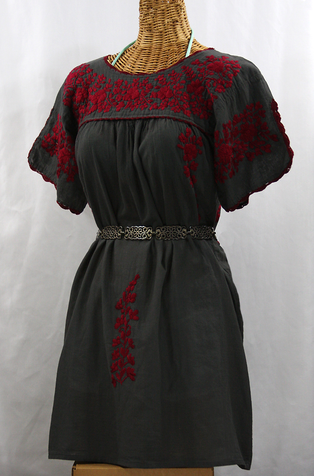 "La Primavera" Embroidered Mexican Dress - Charcoal + Maroon
