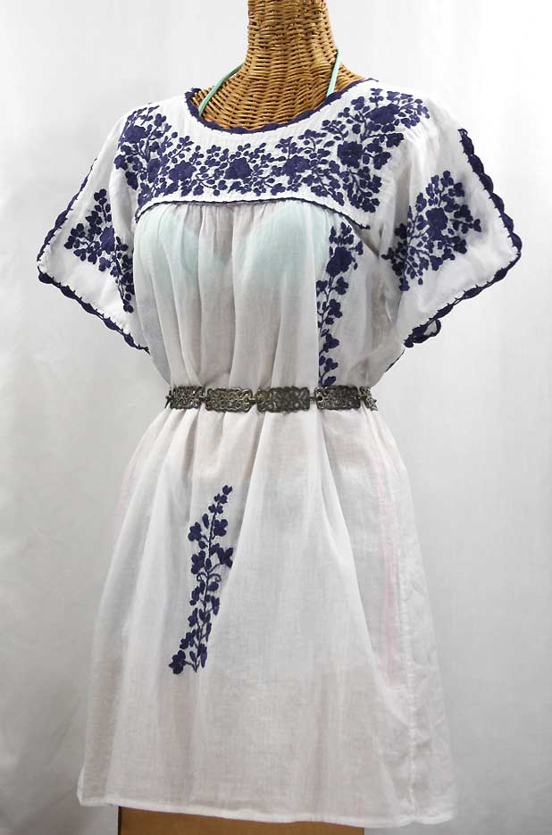 "La Primavera" Embroidered Mexican Dress - White + Navy