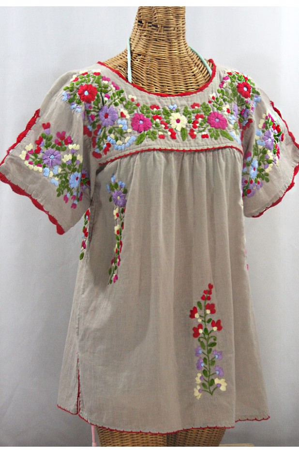 "La Primavera" Hand Embroidered Mexican Blouse - Greige + Multi