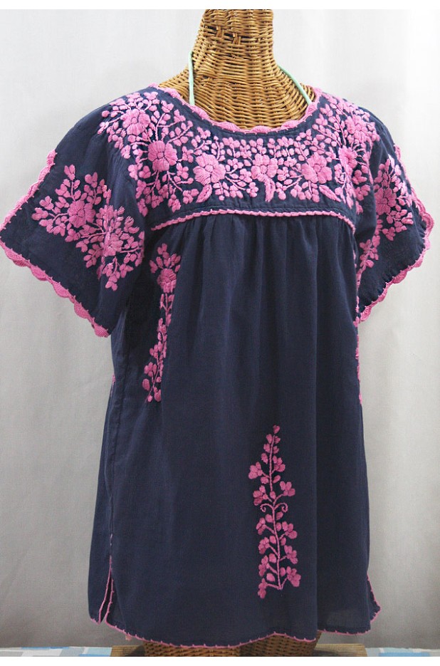 "La Primavera" Hand Embroidered Mexican Blouse - Navy + Pink