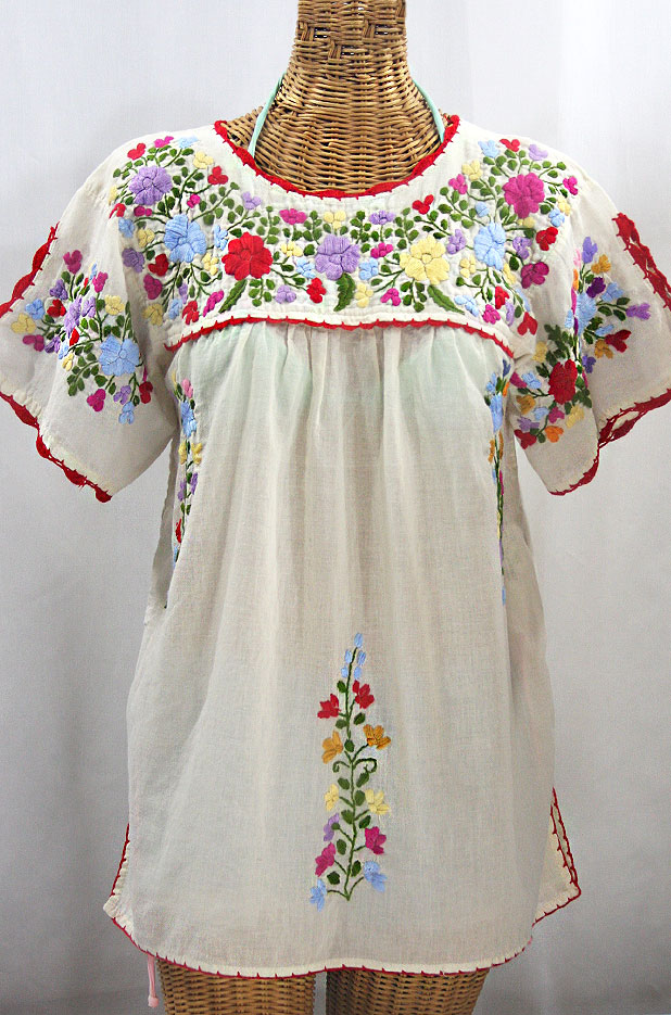 "La Primavera" Hand Embroidered Mexican Blouse - Off White + Multi
