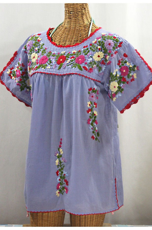 "La Primavera" Hand Embroidered Mexican Blouse - Periwinkle + Multi
