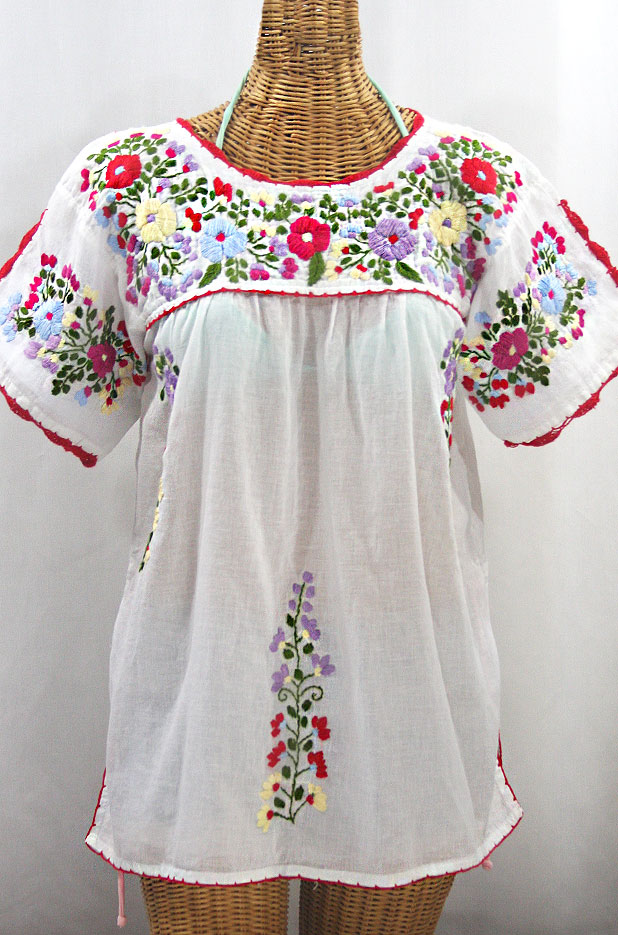"La Primavera" Hand Embroidered Mexican Blouse - White + Multi