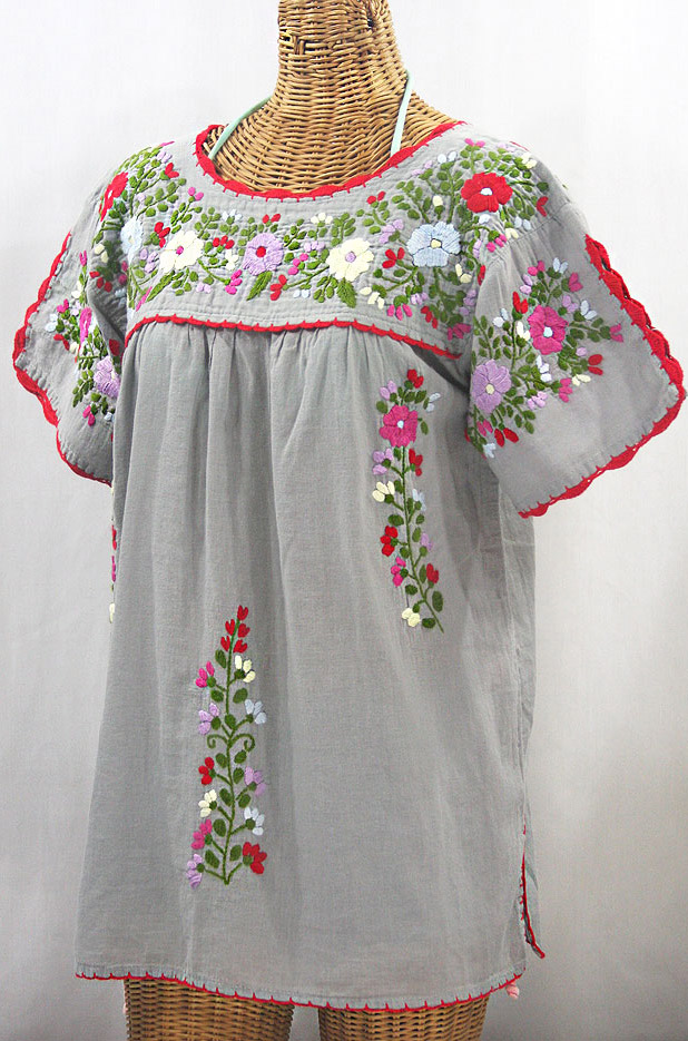 "La Primavera" Hand Embroidered Mexican Blouse - Grey + Multi