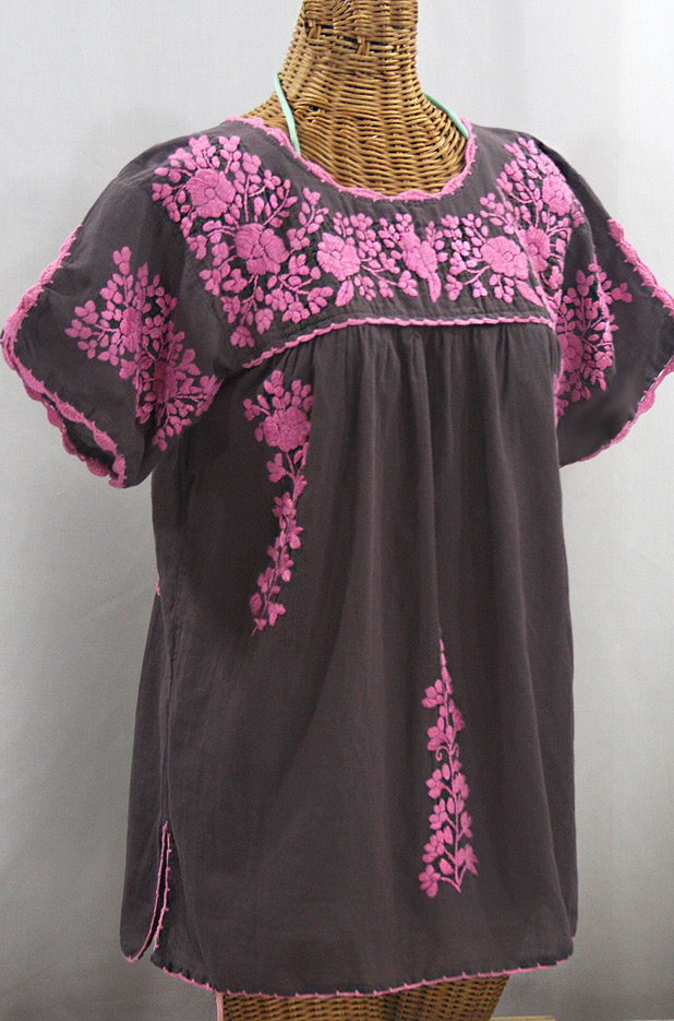 "La Primavera" Hand Embroidered Mexican Blouse - Grey + Pink