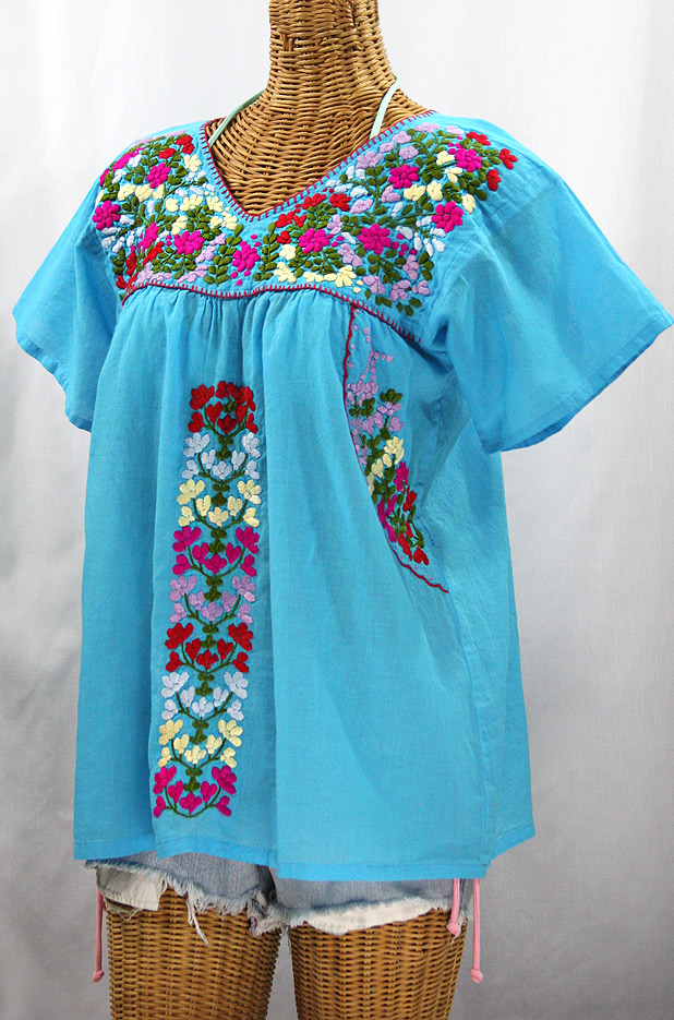 "La Saladita" V-Neck Embroidered Mexican Style Peasant Top - Aqua + Multi