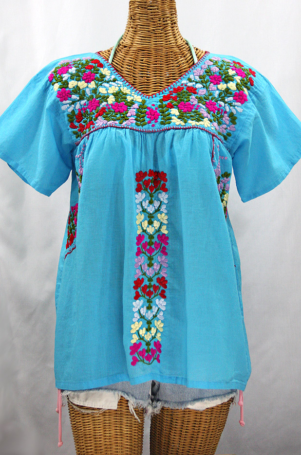 "La Saladita" V-Neck Embroidered Mexican Style Peasant Top - Aqua + Multi