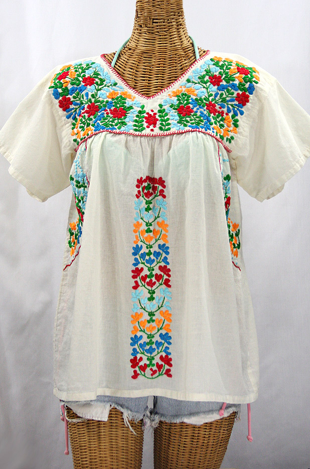 "La Saladita" V-Neck Embroidered Mexican Style Peasant Top - Off White + Fiesta
