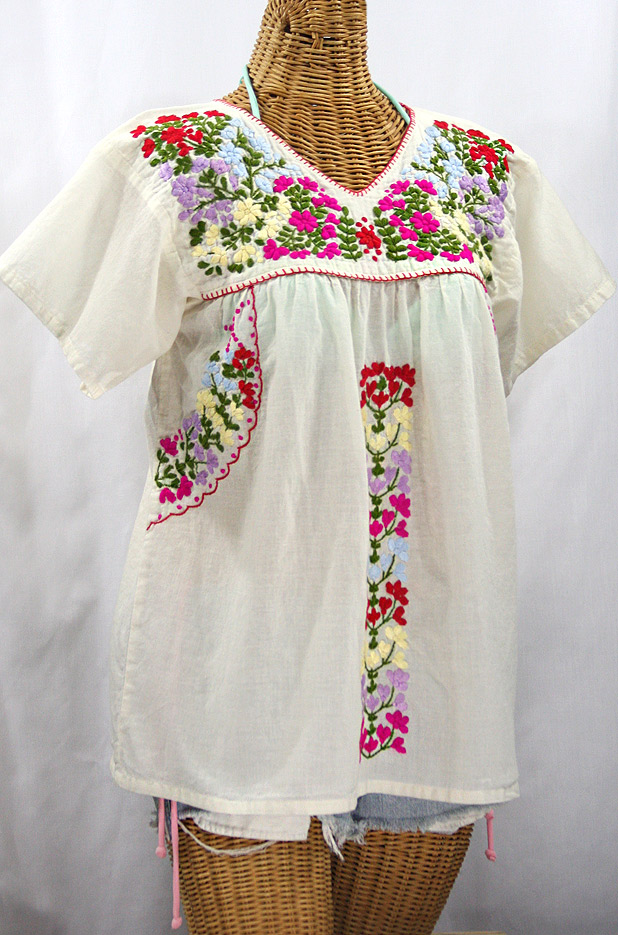 "La Saladita" V-Neck Embroidered Mexican Style Peasant Top - Off White + Multi