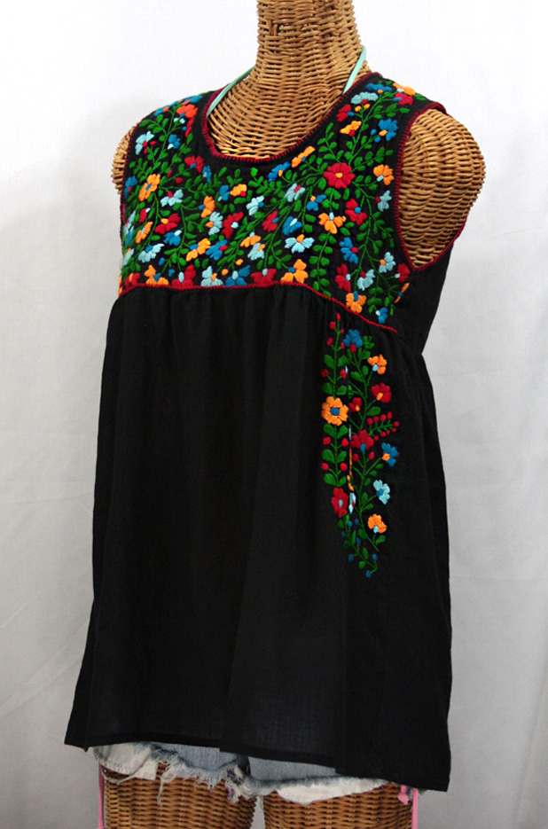 "La Sirena" Embroidered Mexican Style Peasant Top -Black + Fiesta Embroidery