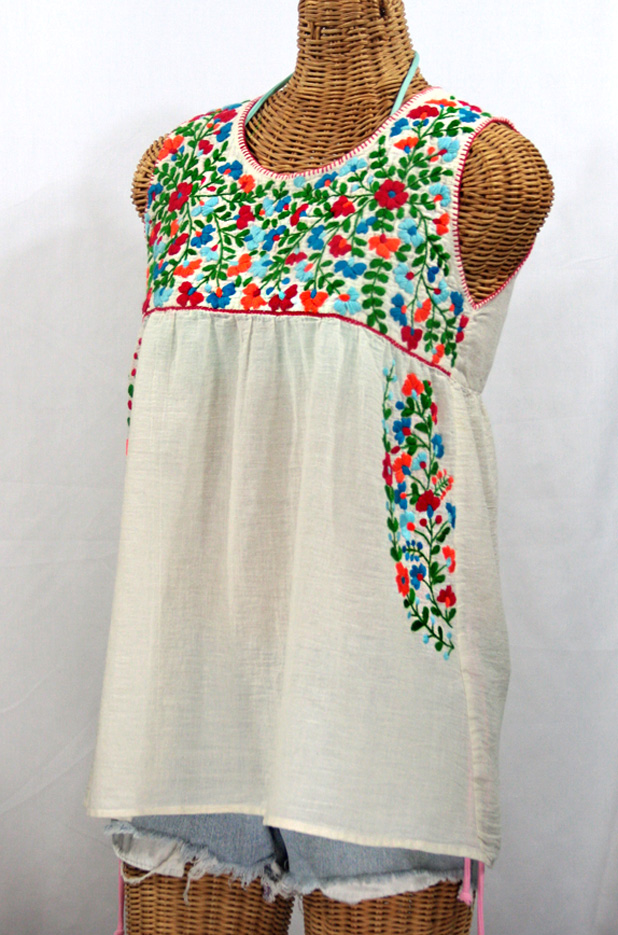 "La Sirena" Sleeveless Mexican Blouse -Off White + Fiesta Embroidery