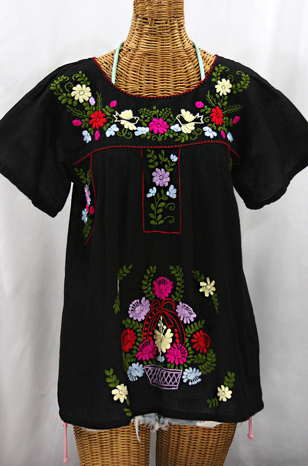 "La Valencia" Embroidered Mexican Style Peasant Top - Black + Multi