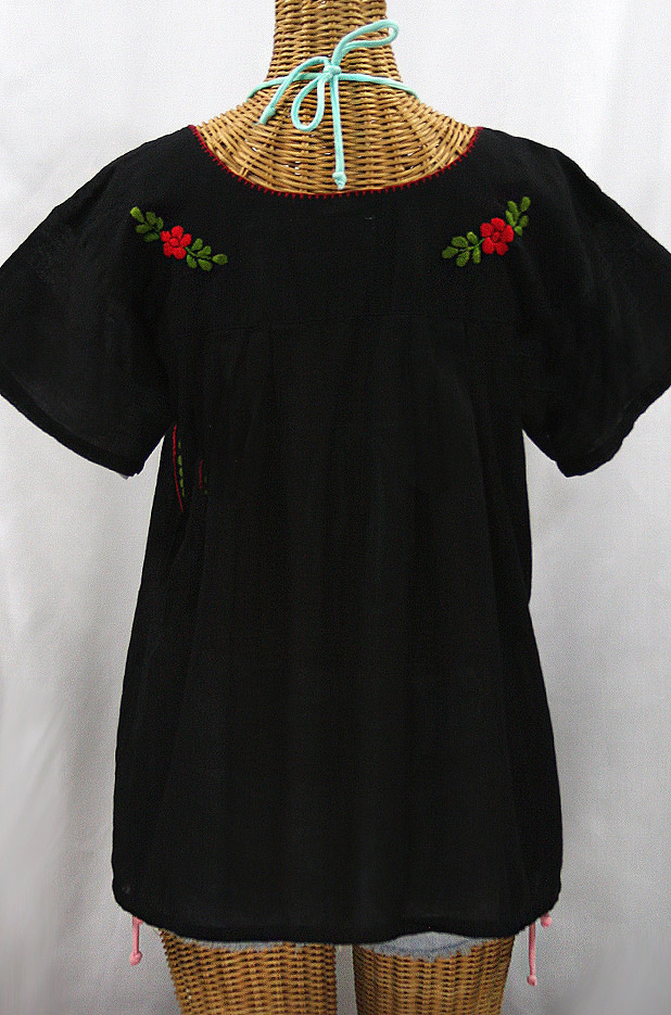 "La Valencia" Embroidered Mexican Style Peasant Top - Black + Multi