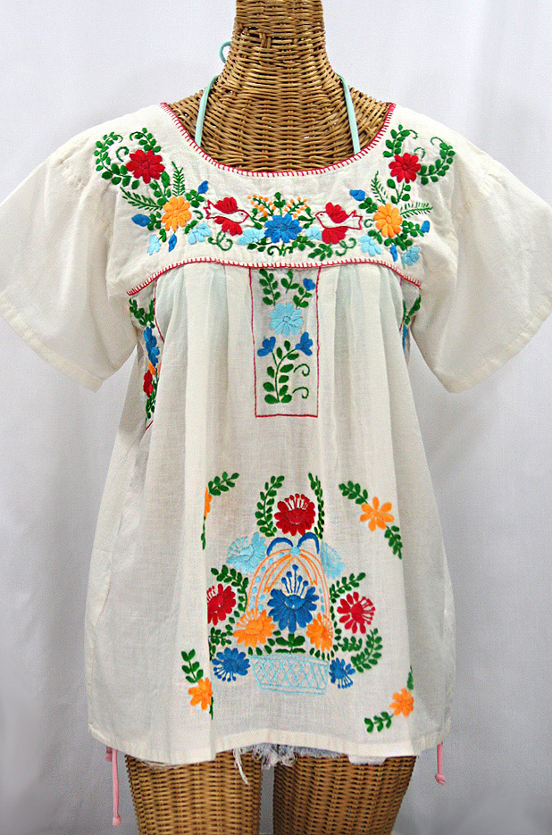 "La Valencia" Embroidered Mexican Style Peasant Top - Off White + Fiesta