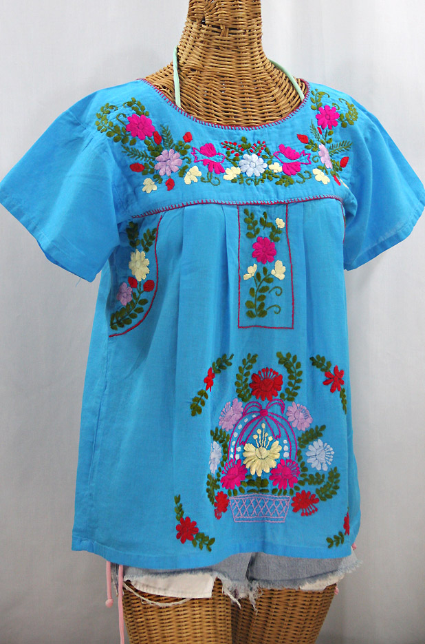 "La Valencia" Embroidered Mexican Style Peasant Top -Aqua + Multi
