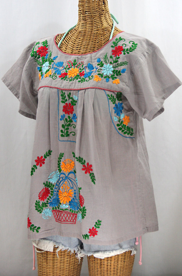 "La Valencia" Embroidered Mexican Style Peasant Top - Grey + Fiesta