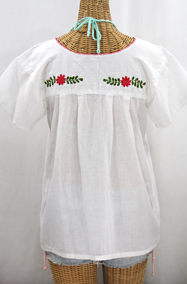"La Valencia" Embroidered Mexican Style Peasant Top - White + Multi