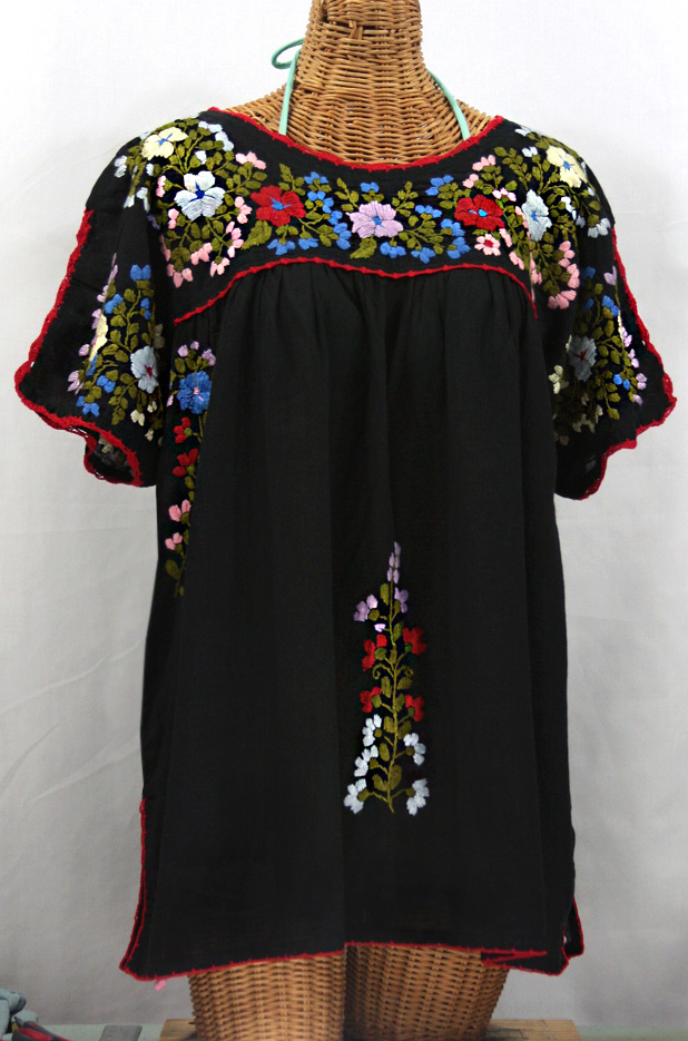 "Lijera Libre" Plus Size Embroidered Mexican Blouse -Black + Multi
