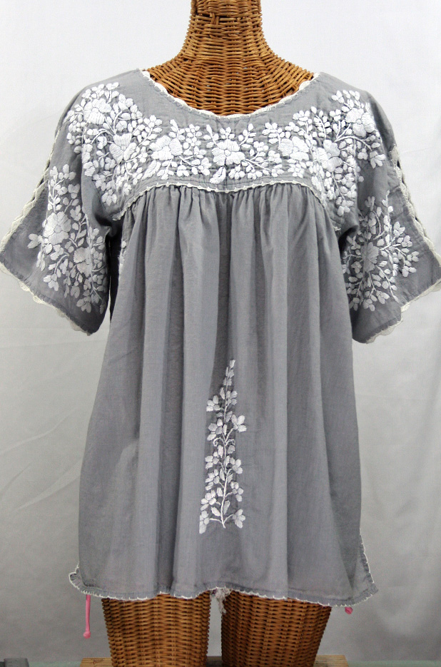 "Lijera Libre" Plus Size Embroidered Mexican Blouse -Grey + White
