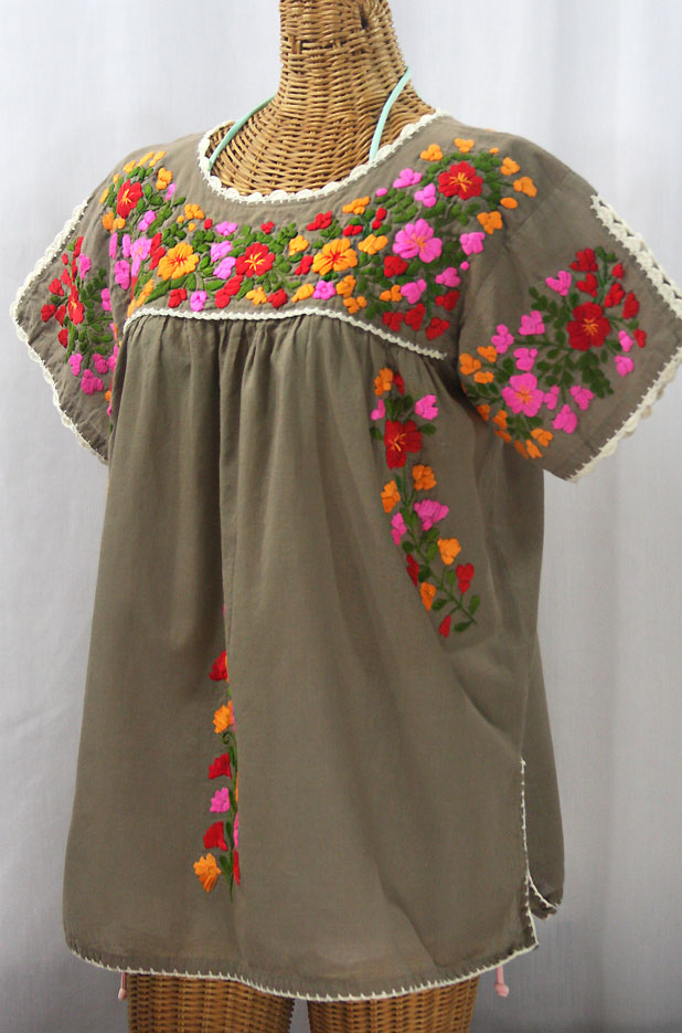 "Lijera Libre" Plus Size Embroidered Mexican Blouse - Khaki + Bright Multi